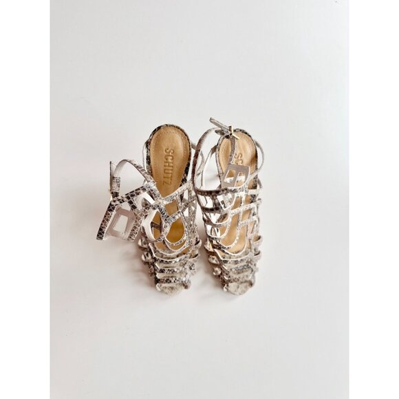 SCHUTZ Julianna Grey Python Snake Leather Strappy High Heel Cage Sandals, Size 5 - Picture 3 of 16